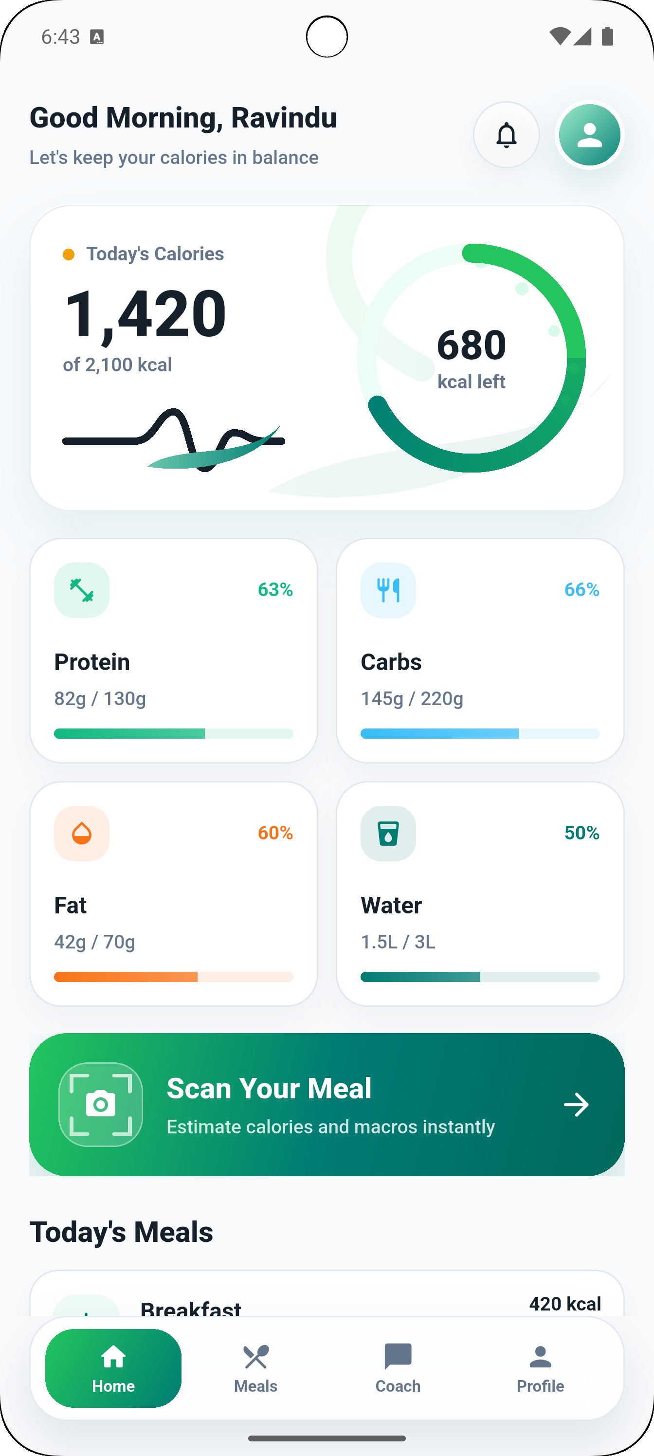 Calsence mobile dashboard screenshot showing calorie, macro, water, and meal tracking